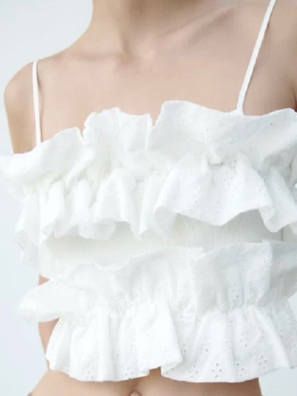 Zara Cotton Voluminous White Ruffled Embroidered Cropped Strappy Top sz S